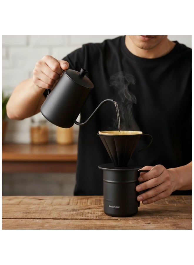 جرين ليون طقم ماكينة قهوة جرين ليون V-60 برو مع غلاية ذات عنق معقوف، 100 فلتر ورقي، ميزان دقيق، قمع تقطير، مطحنة قابلة للتعديل، كوبان من الفولاذ المقاوم للصدأ، حقيبة سفر متضمنة - أسود - Image 3